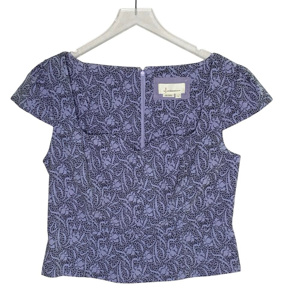 Anthropologie The Cecily Sweetheart Top L Purple Lilac Floral Short Sleeve